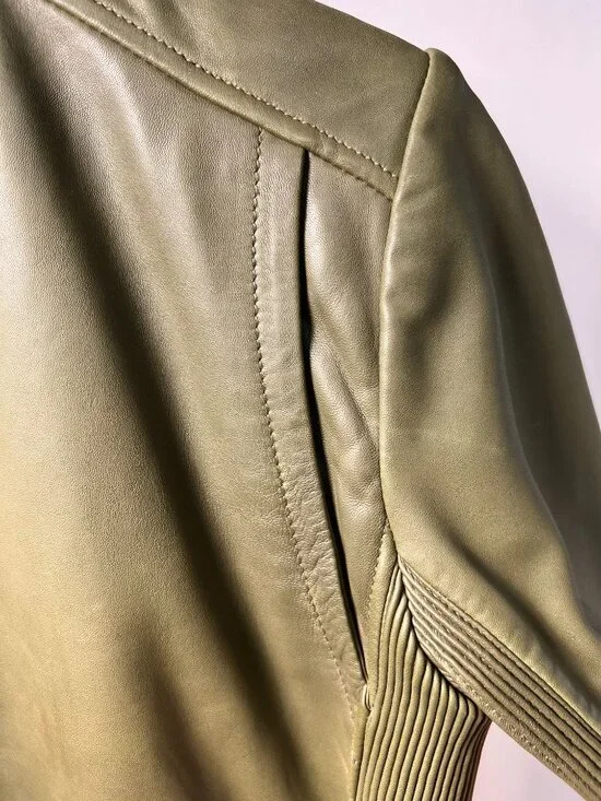 COLE HAAN Band Collar Olive Real Green Lamb Skin Leather Women's  Moto Jacket M - Picture 5 of 11